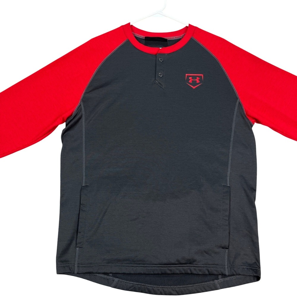Under Armour Mens M Baseball 1/4 Pullover‎ Shirt Red Gray Long Sleeve ColdGear